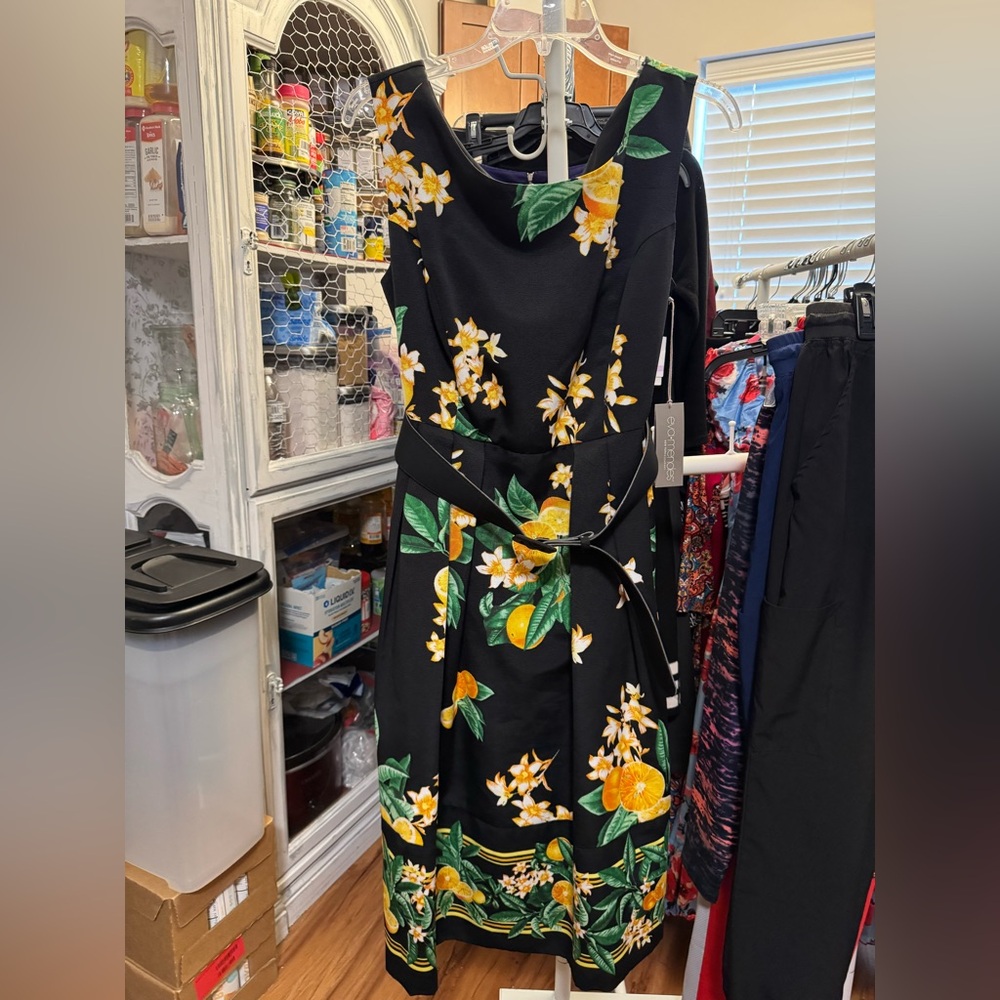 New York & Company Black Dress with Yellow Floral Print and Belt